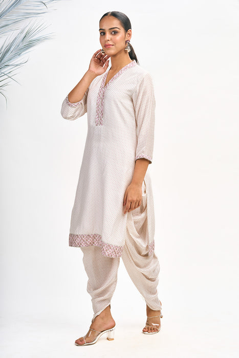 White Polka Dot Kurta with Dhoti Pants and Dupatta Set