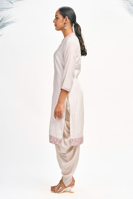 White Polka Dot Kurta with Dhoti Pants and Dupatta Set