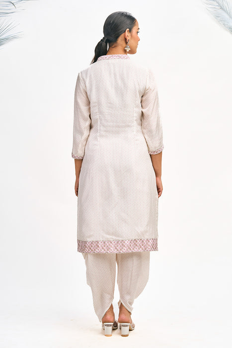 White Polka Dot Kurta with Dhoti Pants and Dupatta Set