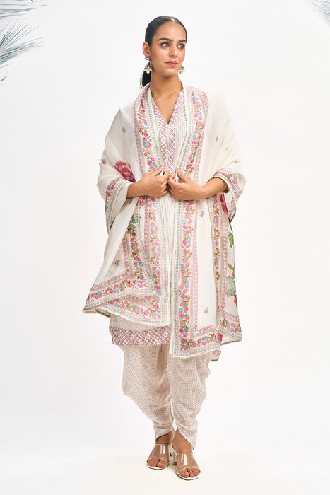 White Polka Dot Kurta with Dhoti Pants and Dupatta Set