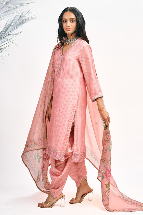 Peach Polka Dot Kurta with Dhoti Pants and Dupatta Set