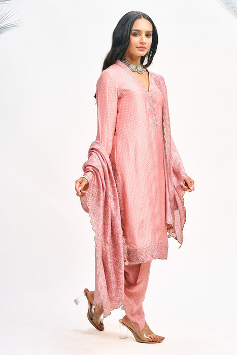 Peach Polka Dot Kurta with Dhoti Pants and Dupatta Set