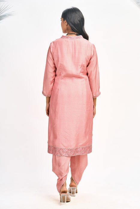 Peach Polka Dot Kurta with Dhoti Pants and Dupatta Set