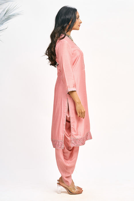 Peach Polka Dot Kurta with Dhoti Pants and Dupatta Set