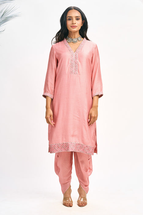 Peach Polka Dot Kurta with Dhoti Pants and Dupatta Set