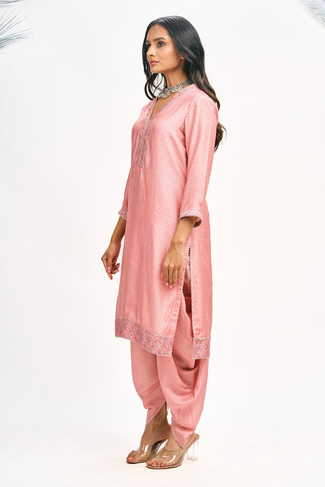 Peach Polka Dot Kurta with Dhoti Pants and Dupatta Set