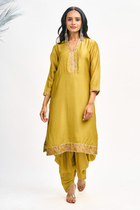 Mustard Green Polka Dot Kurta with Dhoti Pants and Dupatta Set