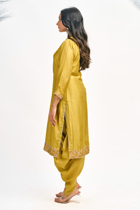 Mustard Green Polka Dot Kurta with Dhoti Pants and Dupatta Set