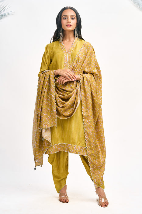 Mustard Green Polka Dot Kurta with Dhoti Pants and Dupatta Set