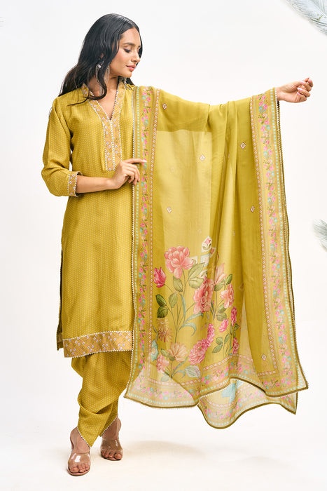 Mustard Green Polka Dot Kurta with Dhoti Pants and Dupatta Set