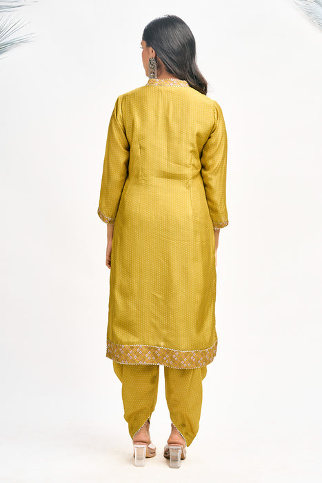 Mustard Green Polka Dot Kurta with Dhoti Pants and Dupatta Set