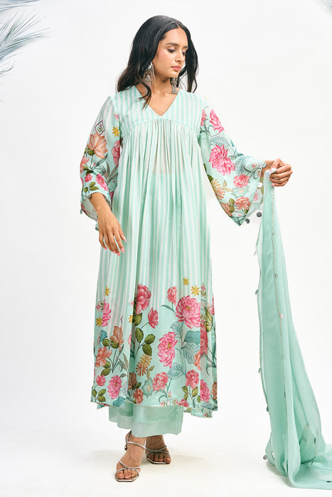 Turquoise Digital Printed Kurta Set