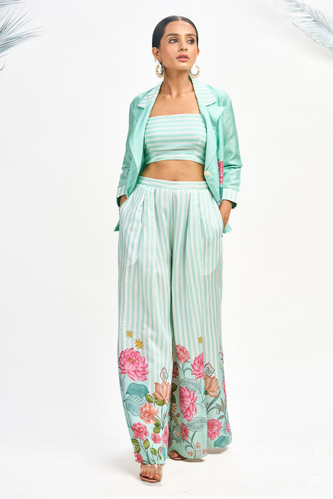 Turquoise Digital Printed Blazer with Flared Pants & Crop Top