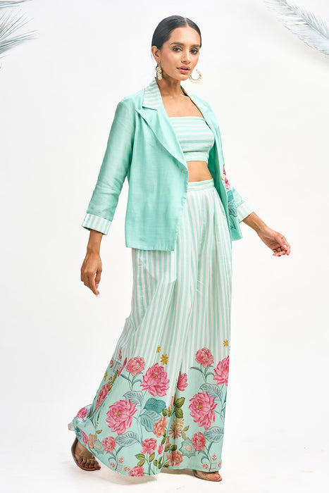 Turquoise Digital Printed Blazer with Flared Pants & Crop Top