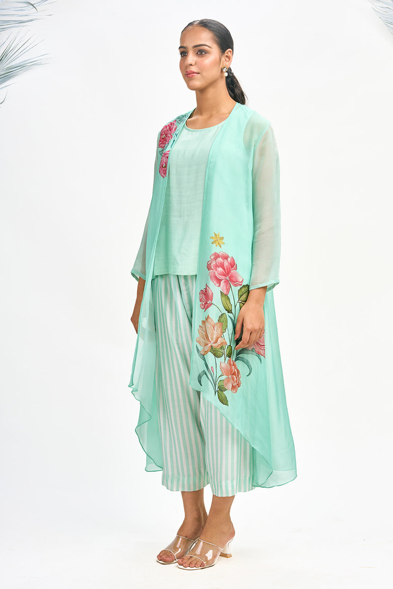 Turquoise Digital Printed Jacket with Crop Top Set