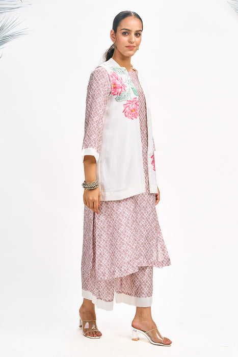 White Digital Printed Jacket with Kurta Set