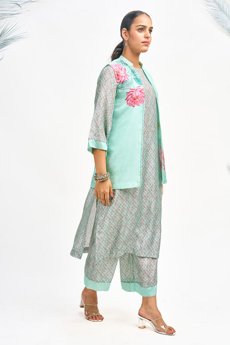 Turquoise  Digital Printed Jacket with Kurta Set