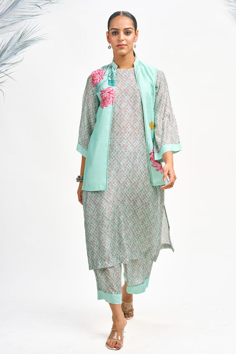 Turquoise  Digital Printed Jacket with Kurta Set