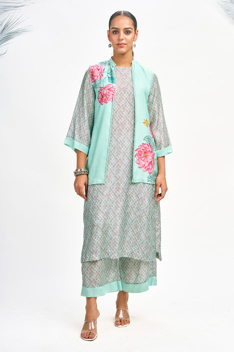 Turquoise  Digital Printed Jacket with Kurta Set