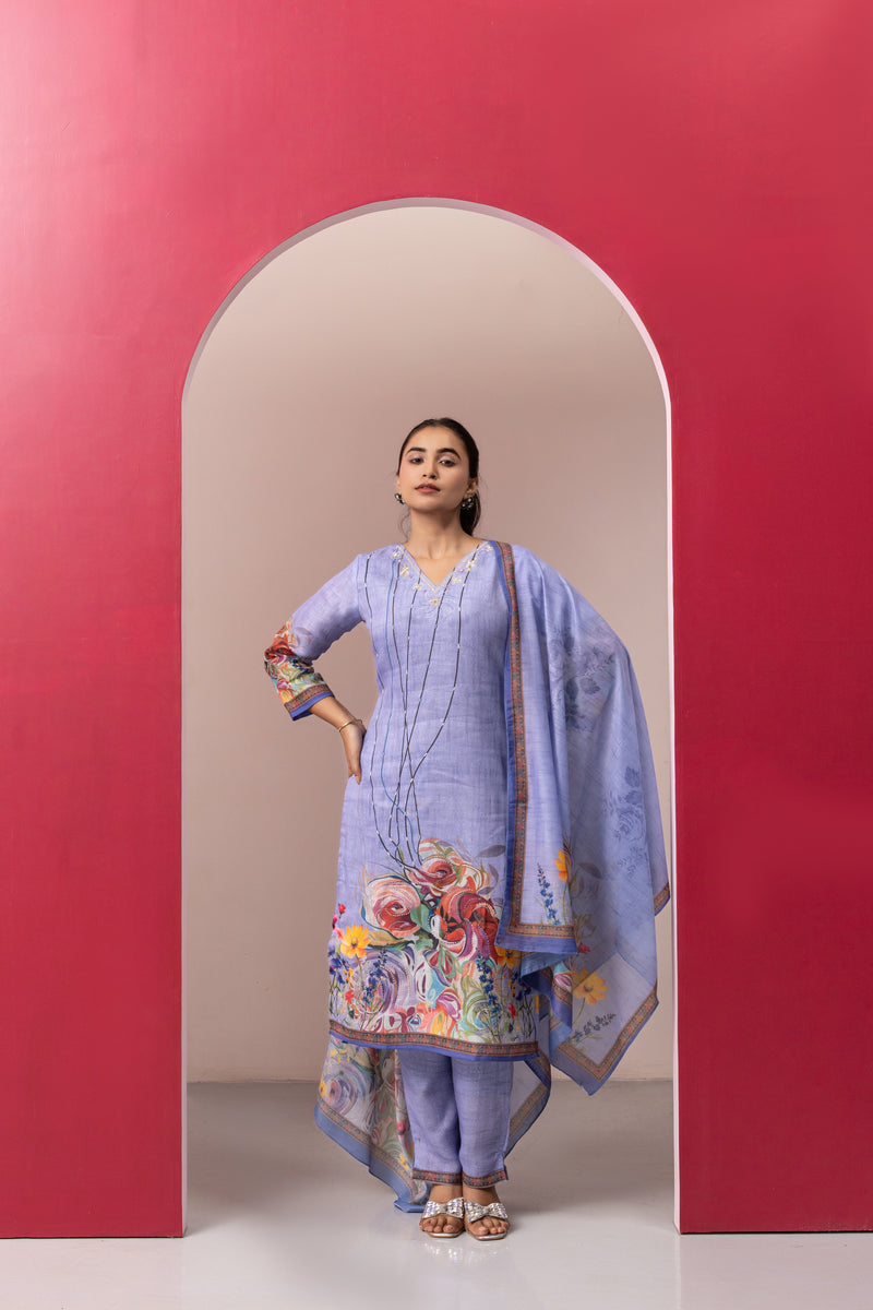 LILAC PRINTED COTTON LINEN KURTA SET