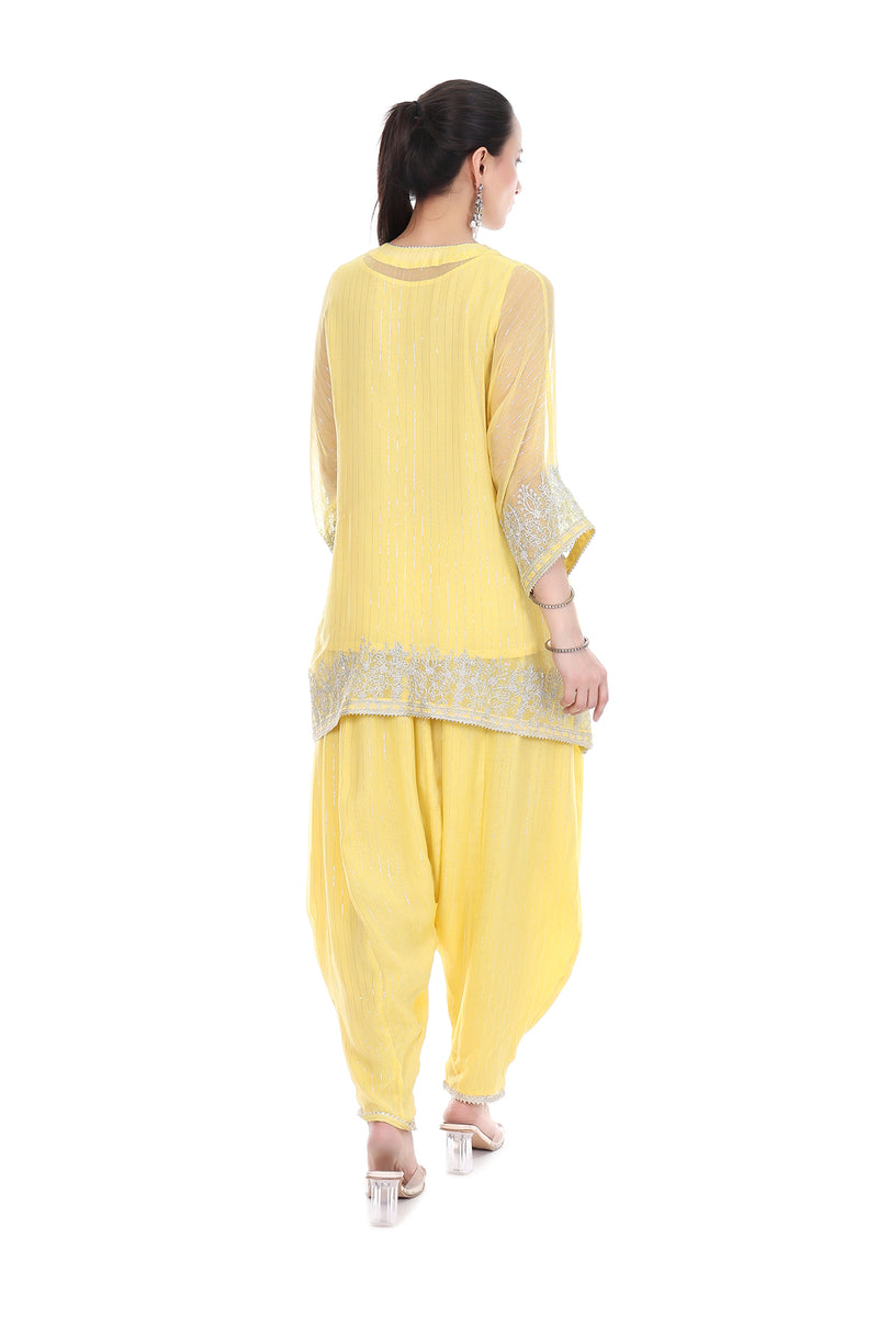 Yellow Embroidered High Low Kaftaan  with Heram Pants