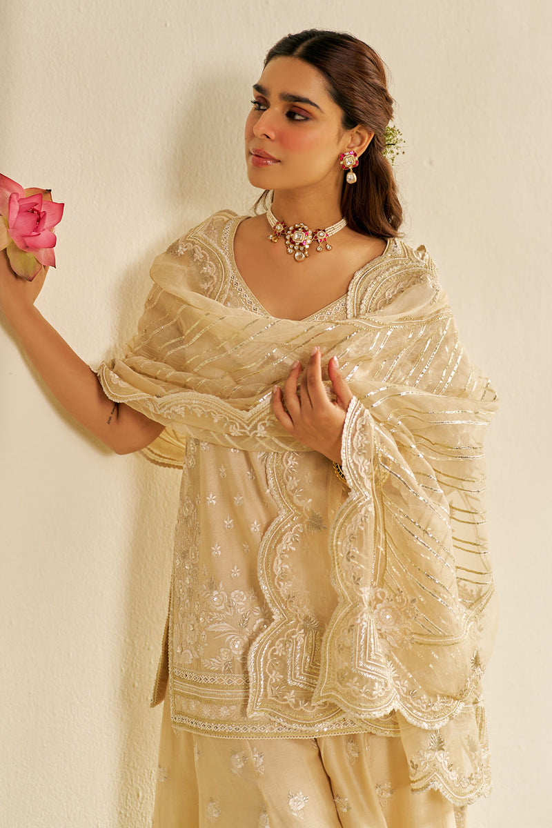 Sameeha - Short Kurta With Sharara (Beige)