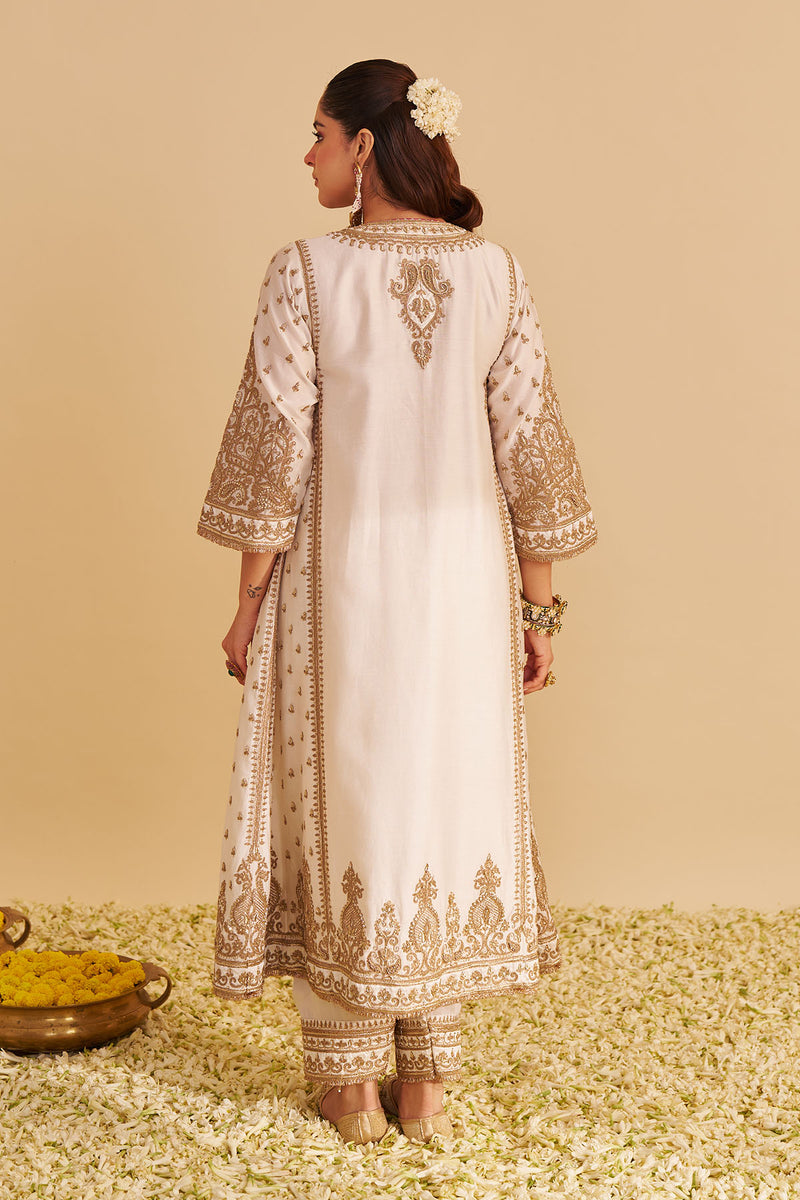 Zoya - Dabka Zardozi Embroidered Rich Banarasi Kalidaar Daisy Ivory Long Chauga Set