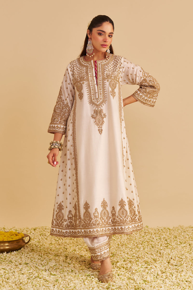 Zoya - Dabka Zardozi Embroidered Rich Banarasi Kalidaar Daisy Ivory Long Chauga Set