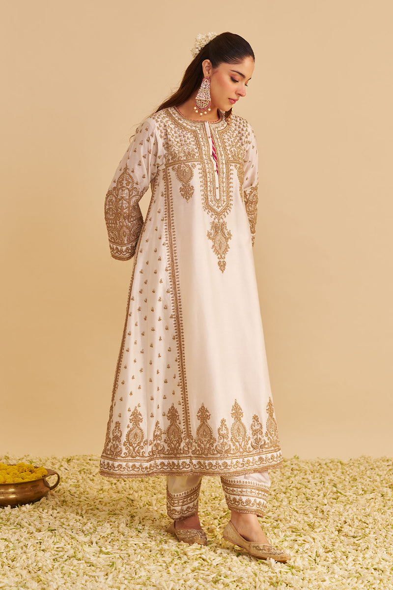 Zoya - Dabka Zardozi Embroidered Rich Banarasi Kalidaar Daisy Ivory Long Chauga Set