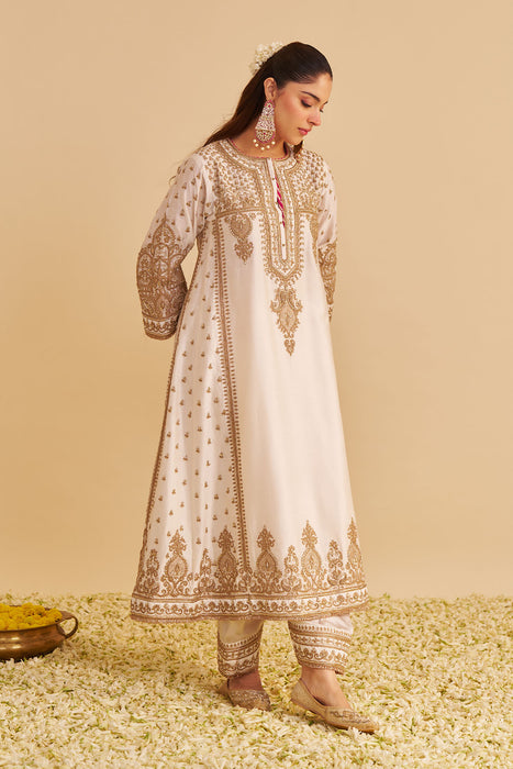 Zoya - Dabka Zardozi Embroidered Rich Banarasi Kalidaar Daisy Ivory Long Chauga Set