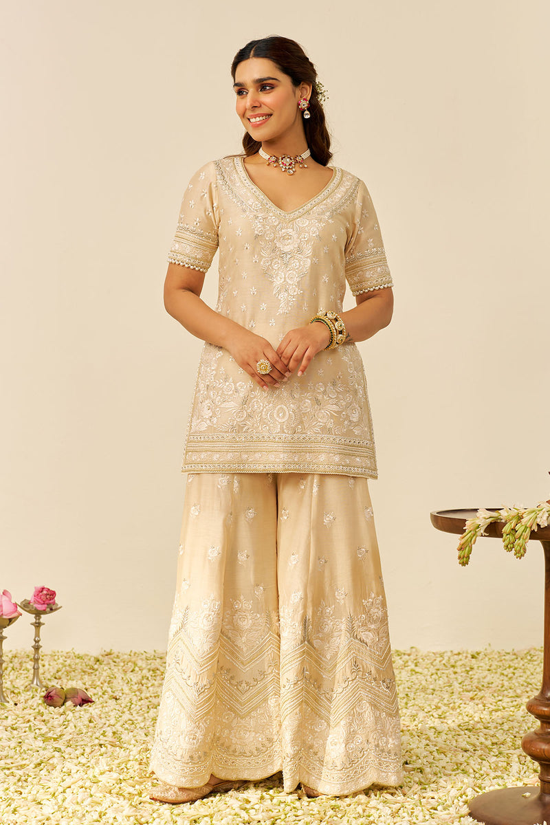 Sameeha - Short Kurta With Sharara (Beige)