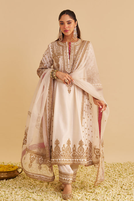 Zoya - Dabka Zardozi Embroidered Rich Banarasi Kalidaar Daisy Ivory Long Chauga Set