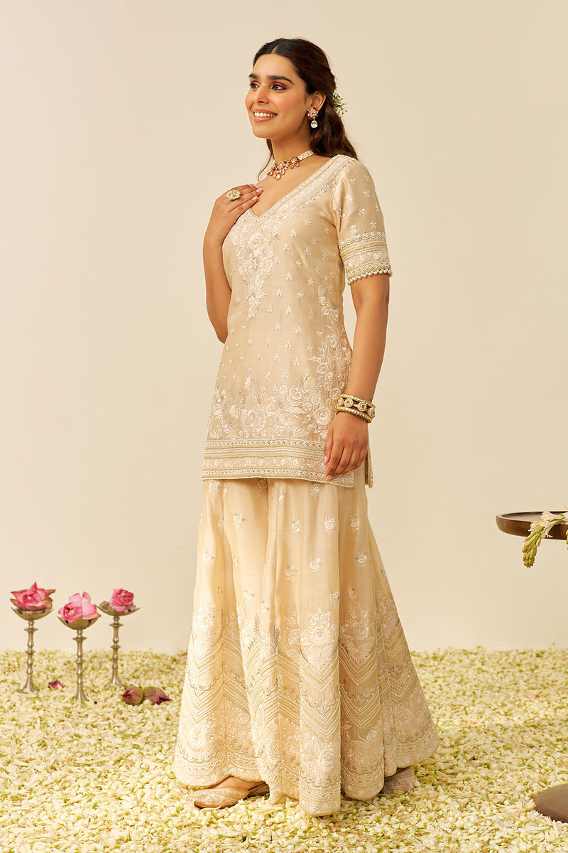Sameeha - Short Kurta With Sharara (Beige)
