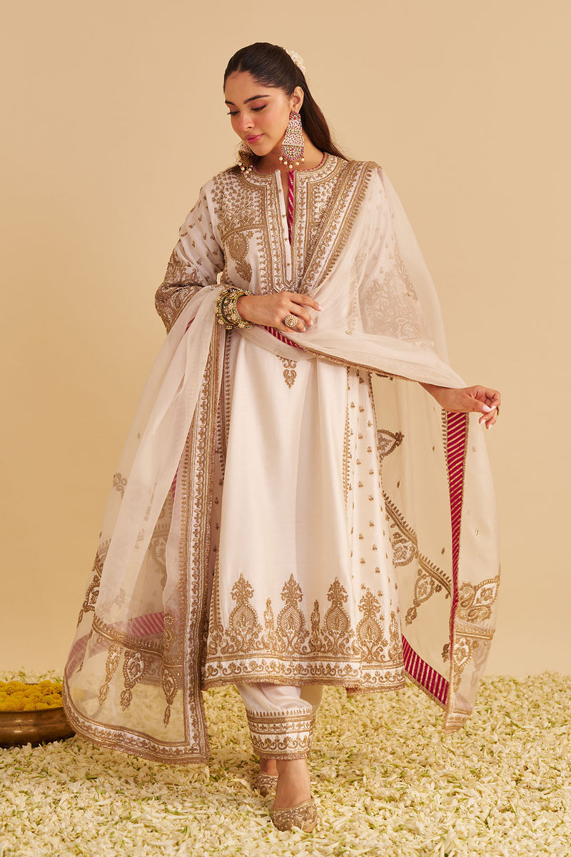 Zoya - Dabka Zardozi Embroidered Rich Banarasi Kalidaar Daisy Ivory Long Chauga Set