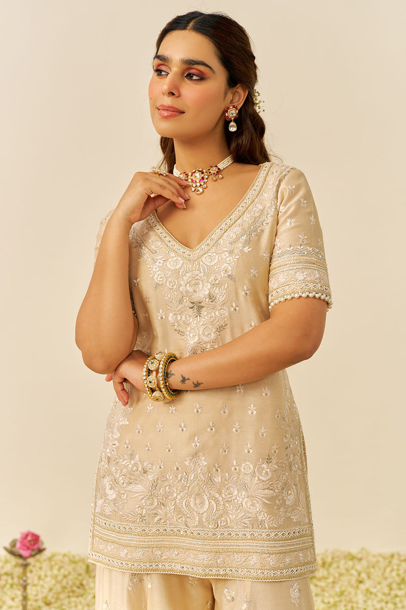 Sameeha - Short Kurta With Sharara (Beige)