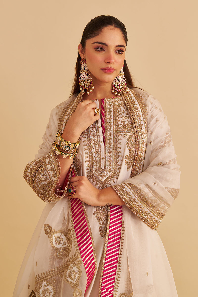 Zoya - Dabka Zardozi Embroidered Rich Banarasi Kalidaar Daisy Ivory Long Chauga Set