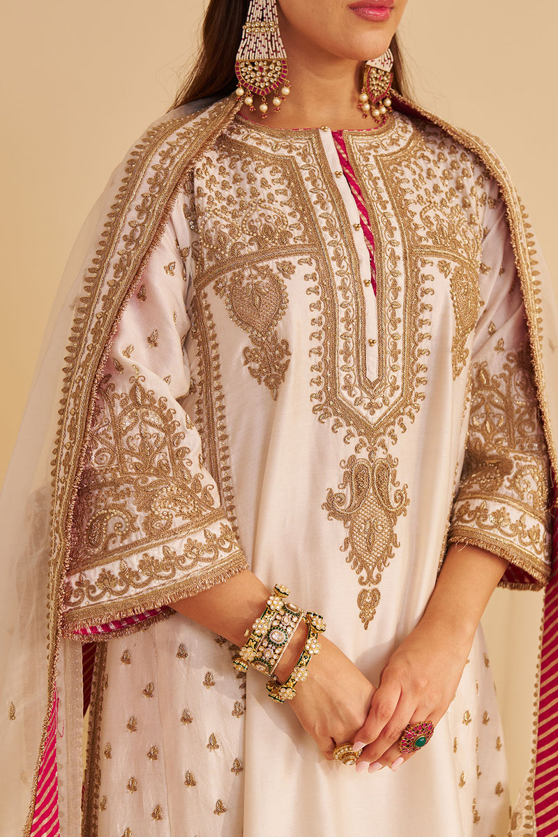Zoya - Dabka Zardozi Embroidered Rich Banarasi Kalidaar Daisy Ivory Long Chauga Set