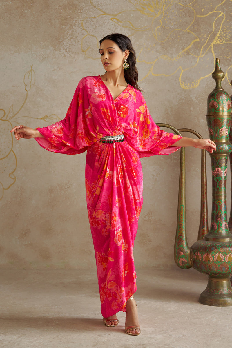 Pink Rose Draped Kaftan Dress