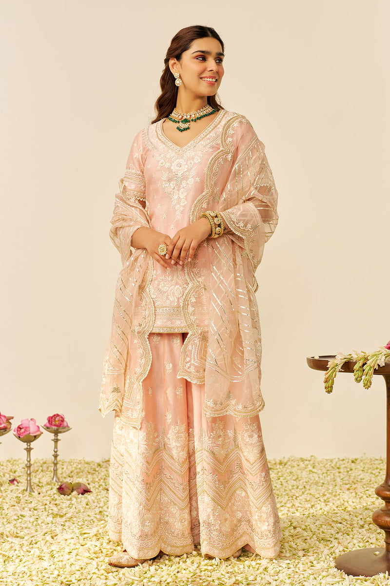 Sameeha - Short Kurta With Sharara (Off Rose)
