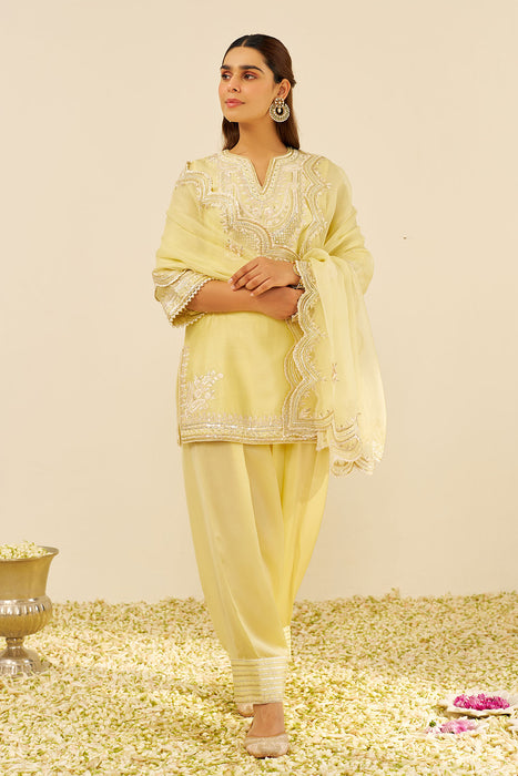 Sara - Short Kurta With  Salwar (Lemon Yellow)