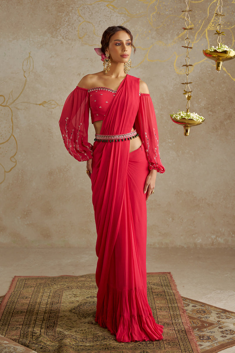 Coral Red Saree with Off-Shoulder Blouse