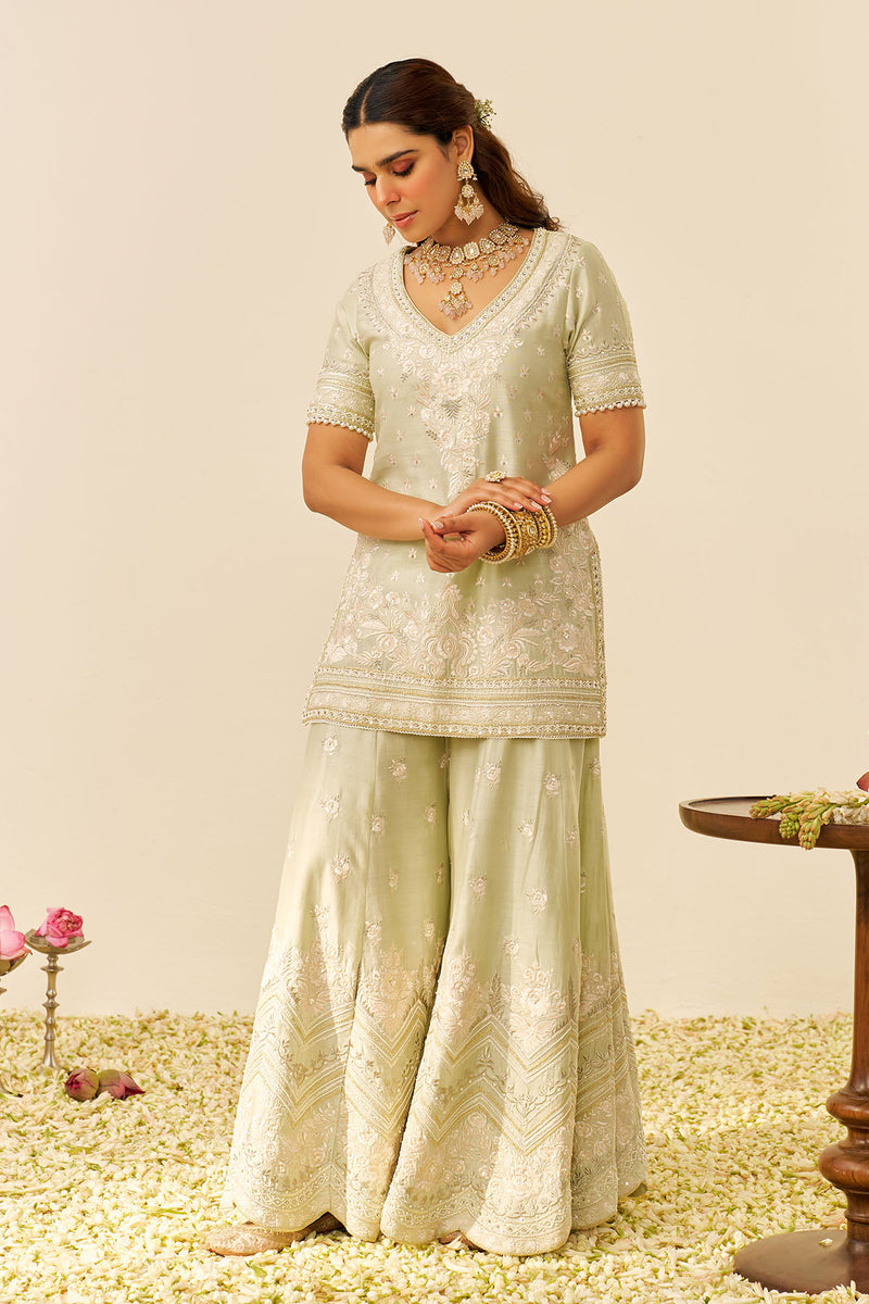 Sameeha - Short Kurta With Sharara (Mint Green)