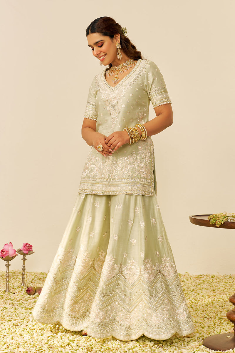 Sameeha - Short Kurta With Sharara (Mint Green)