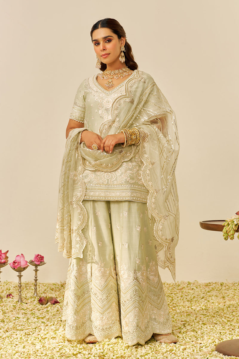 Sameeha - Short Kurta With Sharara (Mint Green)