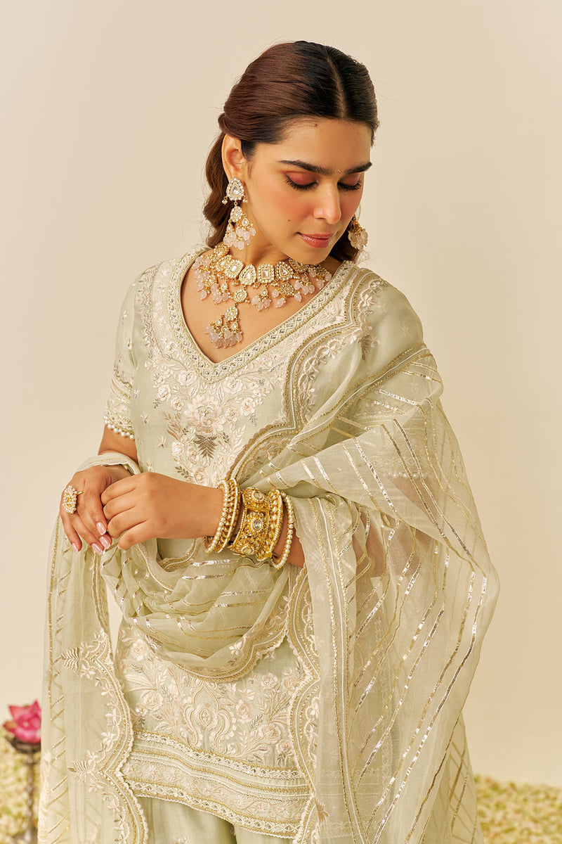 Sameeha - Short Kurta With Sharara (Mint Green)