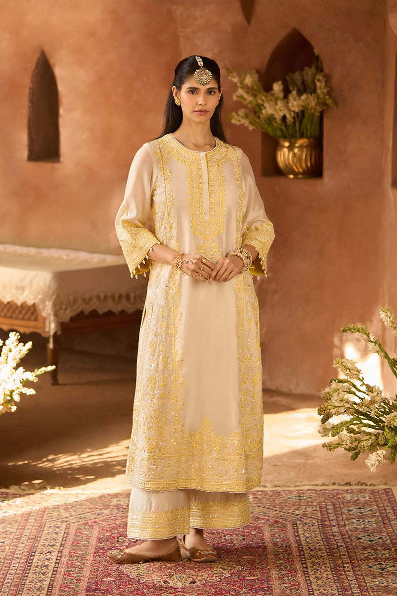 ENA - DAISY IVORY WITH LEMON YELLOW LONG A-LINE KURTA WITH PALAZZO AND DUPATTA