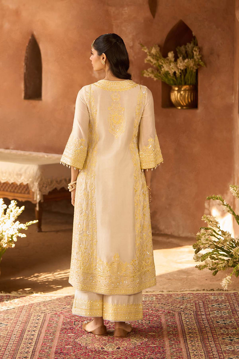 ENA - DAISY IVORY WITH LEMON YELLOW LONG A-LINE KURTA WITH PALAZZO AND DUPATTA
