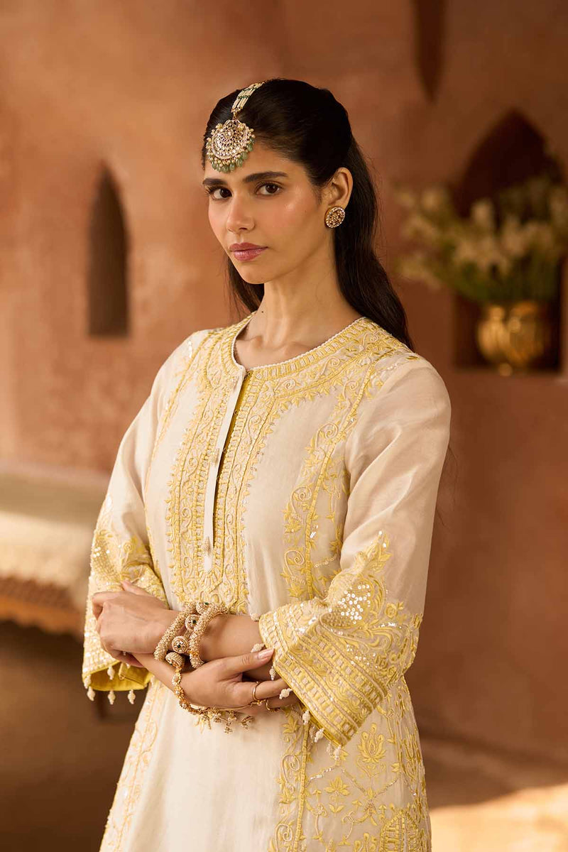ENA - DAISY IVORY WITH LEMON YELLOW LONG A-LINE KURTA WITH PALAZZO AND DUPATTA