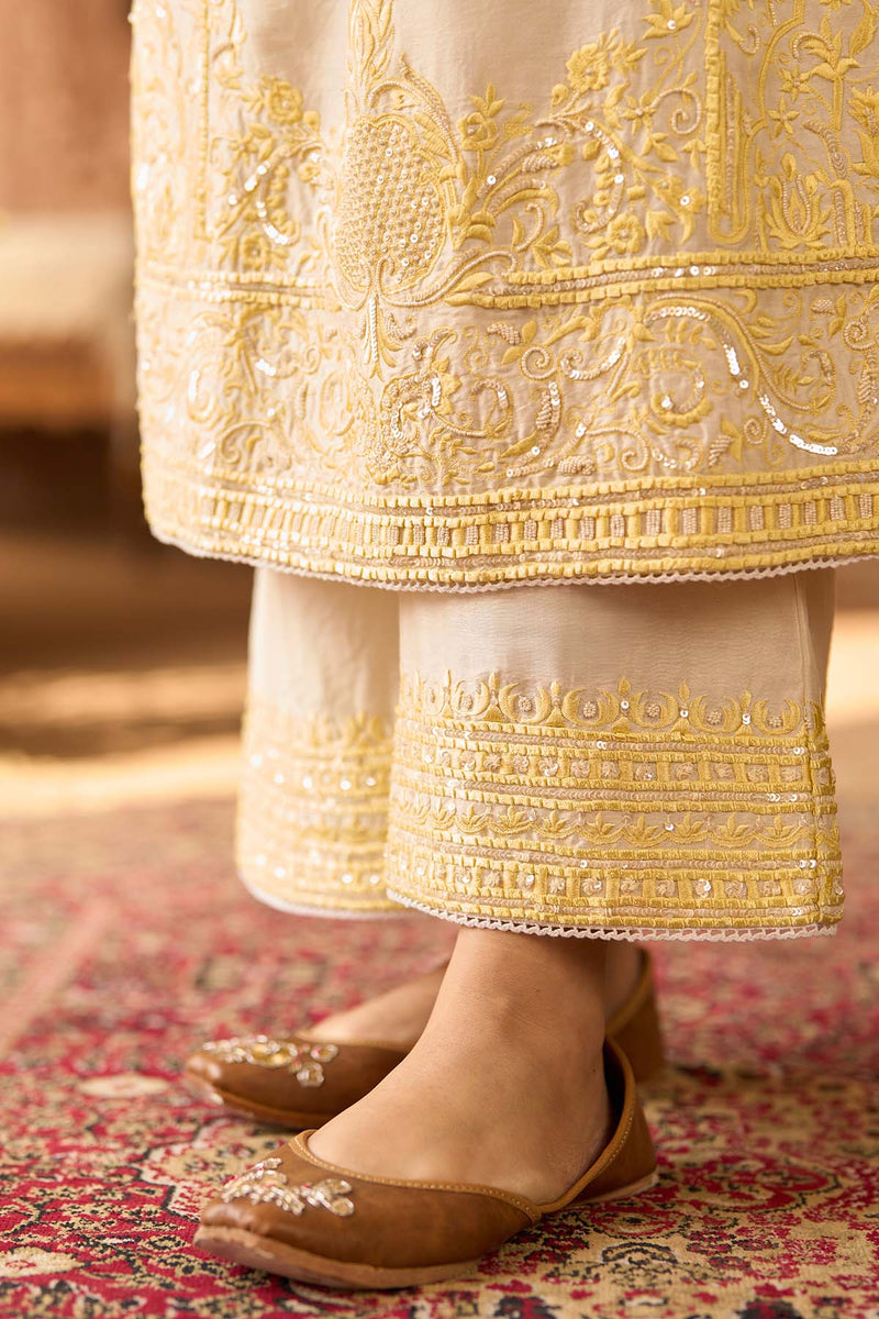 ENA - DAISY IVORY WITH LEMON YELLOW LONG A-LINE KURTA WITH PALAZZO AND DUPATTA