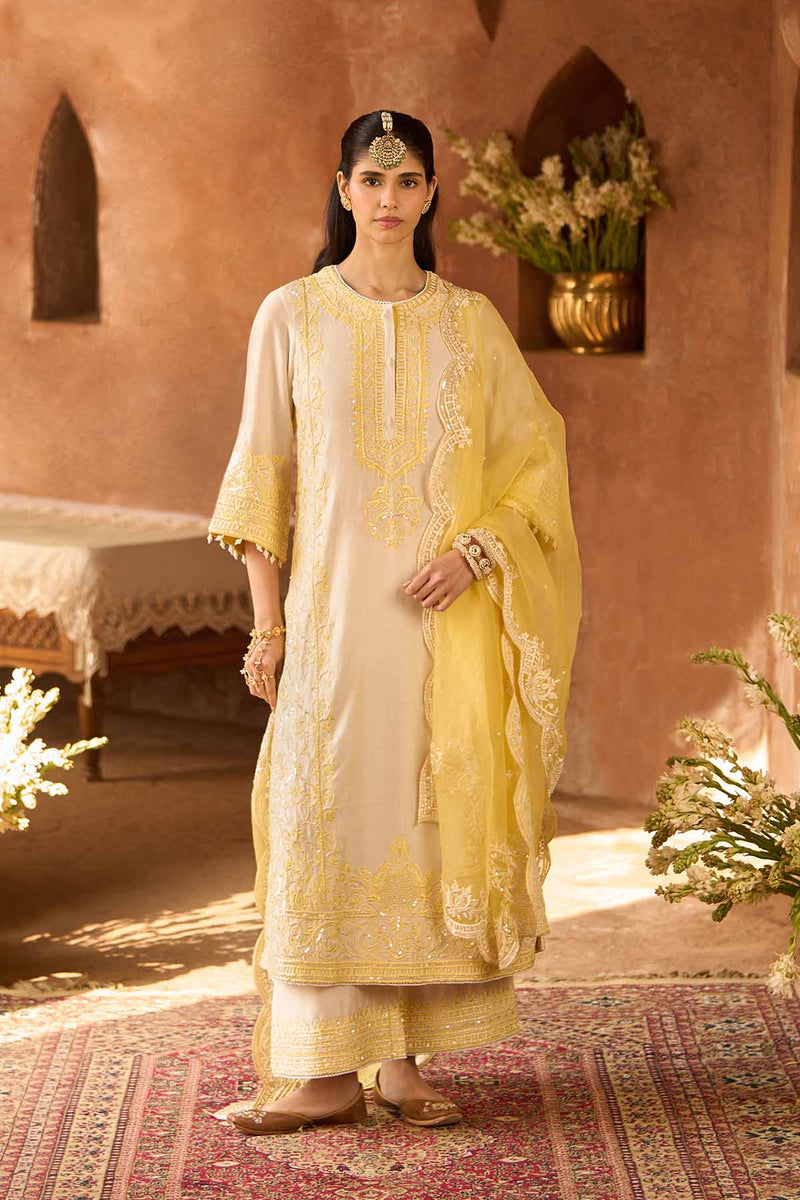 ENA - DAISY IVORY WITH LEMON YELLOW LONG A-LINE KURTA WITH PALAZZO AND DUPATTA